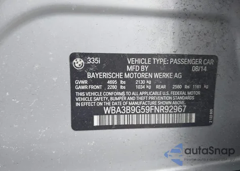 2015 BMW 335I xDrive из США, поврежденный, VIN WBA3B9G59FNR92967